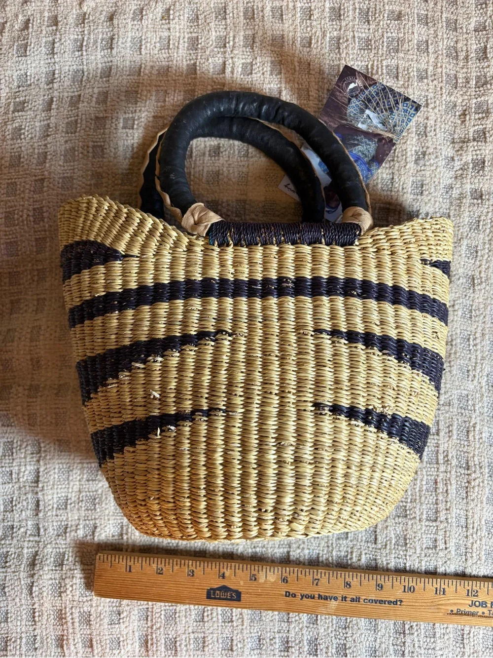 Handwoven Straw Tote Bag with Black Accent Handles